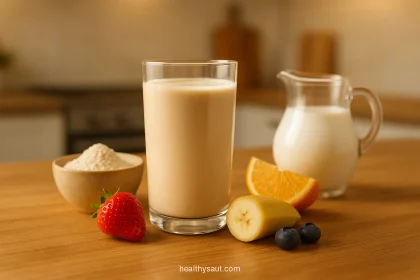 Glass of Complan milk nutritional drink for weight gain with ingredients on wooden table showing preparation method