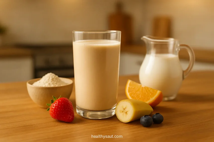 Glass of Complan milk nutritional drink for weight gain with ingredients on wooden table showing preparation method