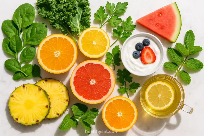 Colorful arrangement of foods that help you smell good naturally including citrus fruits, leafy greens, fresh herbs, pineapple, watermelon, and yogurt on white surface
